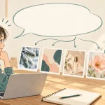 会話から生まれた5枚のイメージ画像を選ぶ制作風景のイラスト