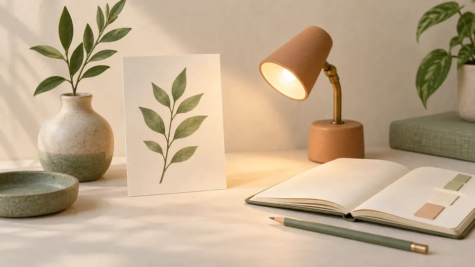 植物の参照イメージと照明、ノートで被写体や光の指示を調整する制作を表したイメージ