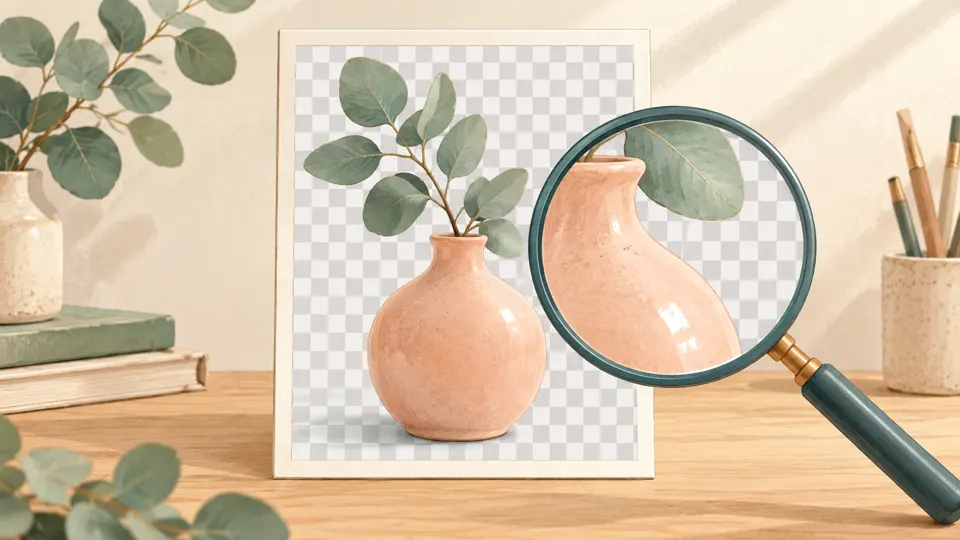 背景透過する花瓶の輪郭を虫眼鏡で確認する作業のイメージ