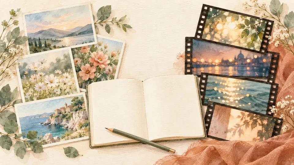 写真のカードとフィルムのカードを並べて制作のバランスを考えるイラスト