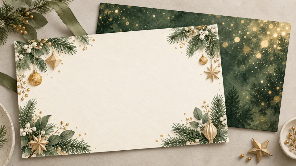 中央に広い余白を残したクリスマス背景と、金色の光の粒を表したイメージイラスト