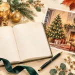 秋からクリスマス素材を準備するノートと、ツリーや暖炉を描いたイメージイラスト