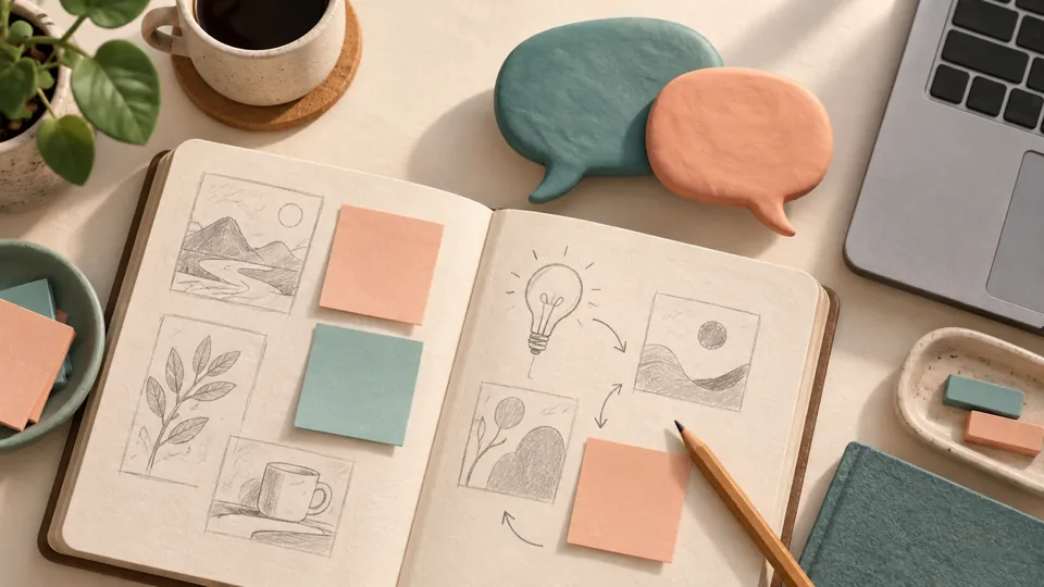 制作案を書いたノートと二つの吹き出しで、AIと相談しながら計画を考える様子を表したイメージ