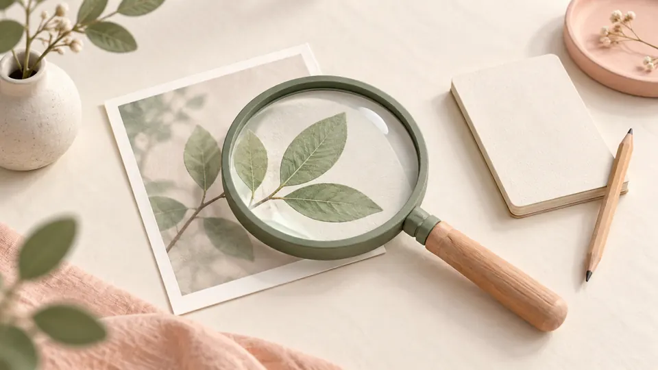葉の画像に虫眼鏡を重ね、投稿前に細部を確認する様子を表したイメージ