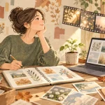 過去の作品や季節の画像を見ながら次の制作テーマを考えるイラスト