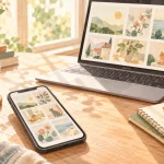 スマートフォンとパソコンを使い、自分のペースでストック素材を制作するイメージ