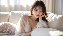 白いソファでくつろぐAI生成女性。2年前に採用され、今年も売れていたシリーズの作品