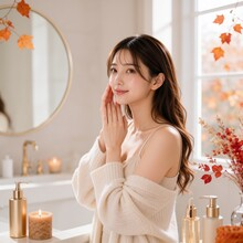 秋の葉が見える窓辺で美容液などのボトルを置き、顔に手を添えるAI生成女性