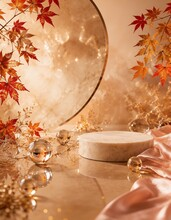紅葉の装飾と大きな丸い背景、何も載せていない円形の台座を配置した秋のAI背景素材