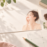 人物を右に置いて左に余白を残した美容画像と、構図のガイドを描いたAI生成イラスト