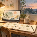 夕方の制作机と小さな階段を描いた、Adobe Stock副業の目標をイメージしたAI生成イラスト