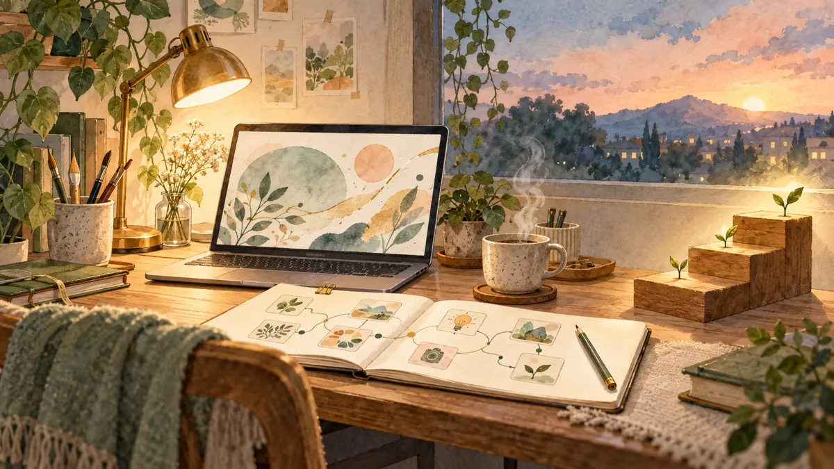 夕方の制作机と小さな階段を描いた、Adobe Stock副業の目標をイメージしたAI生成イラスト